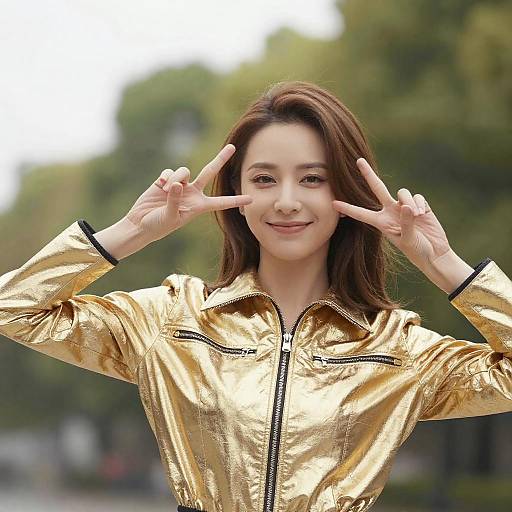 Smiling Woman in Gold Jacket Peace Sign