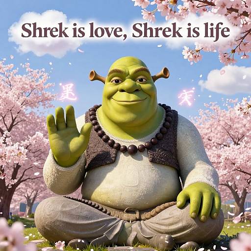 Digital art of a green-skinned, smiling ogre with horn-like ears, wearing a beaded vest and gray pants, waving under cherry blossoms