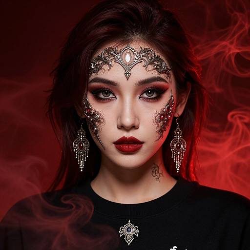 Photograph of a pale-skinned woman with dark hair, red lipstick, intricate black facial jewelry, and dangling earrings, set against a red, sm