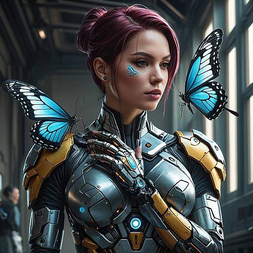 Futuristic Female Cyborg with Blue Butterflies