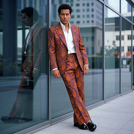 Photograph of a young man with short curly black hair, leaning against a glass building. He wears an orange paisley suit, white shirt, and