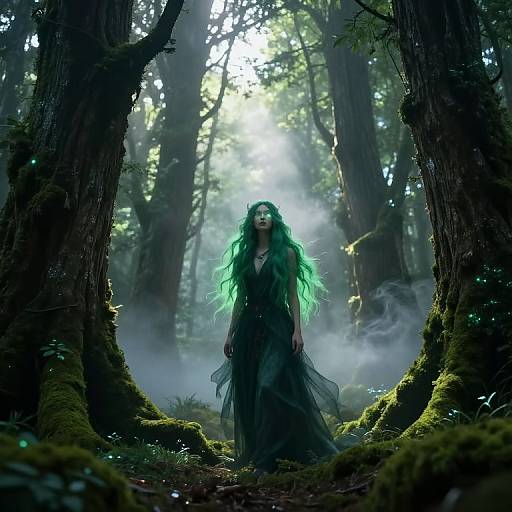 Photograph-like digital artwork of a green-haired woman in a dark, flowing dress standing in a misty, moss-covered forest, surrounded by towering trees