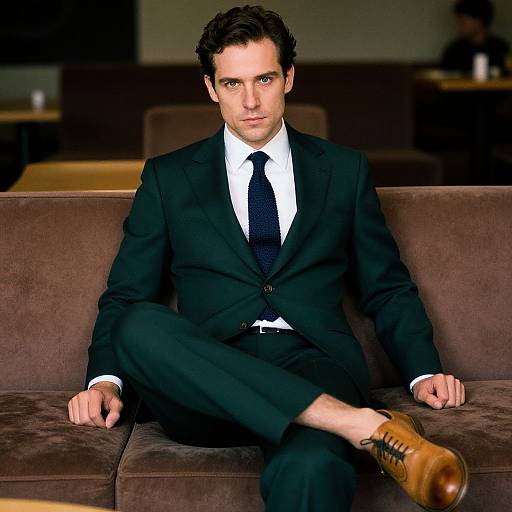 Photograph of a serious-looking, Caucasian man with dark hair, wearing a black suit, white shirt, navy tie, and brown leather shoes, sitting