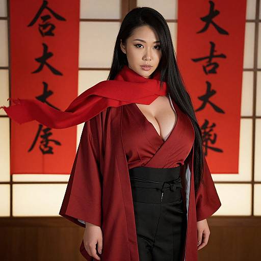 Elegant Asian Woman in Crimson Kimono