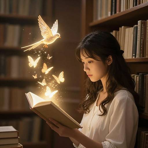 Photograph of an East Asian woman with long black hair, wearing a white blouse, reading a book in a dim library. Surrounding her are glowing