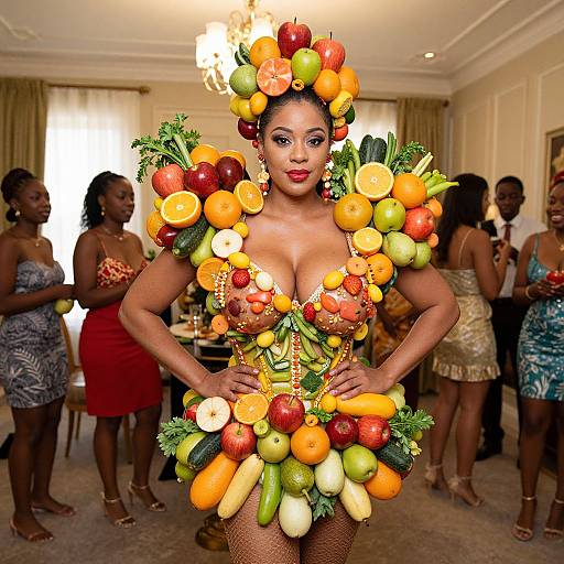 Photograph of a Black woman with a vibrant fruit costume, featuring colorful fruits like apples, oranges, and cucumbers, in an elegant room with