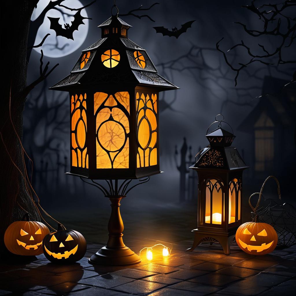 Eerie Halloween Scene with Ghost Lanterns