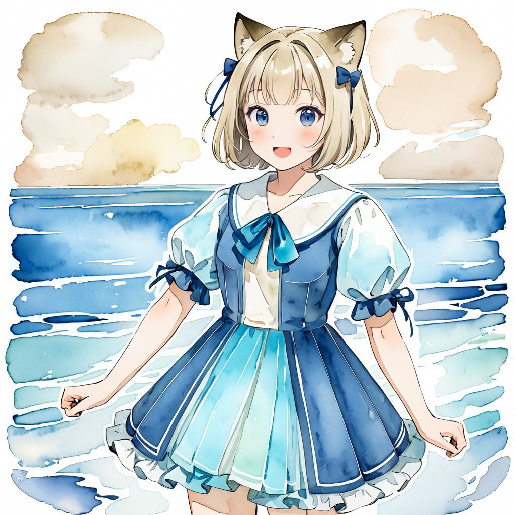 Surprised Catgirl Cosplayer in Watercolor