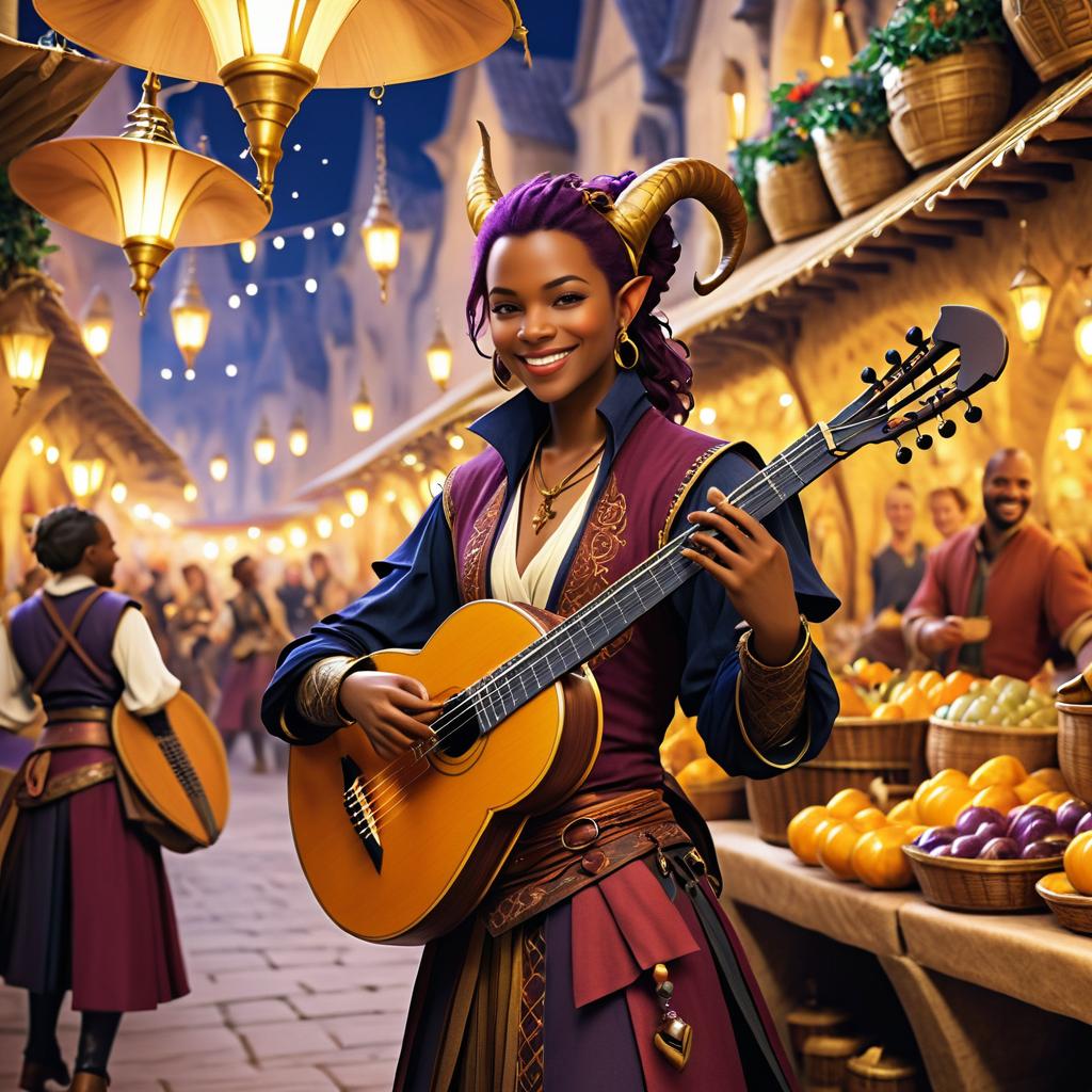 Elegant Tiefling Bard in Bustling Market