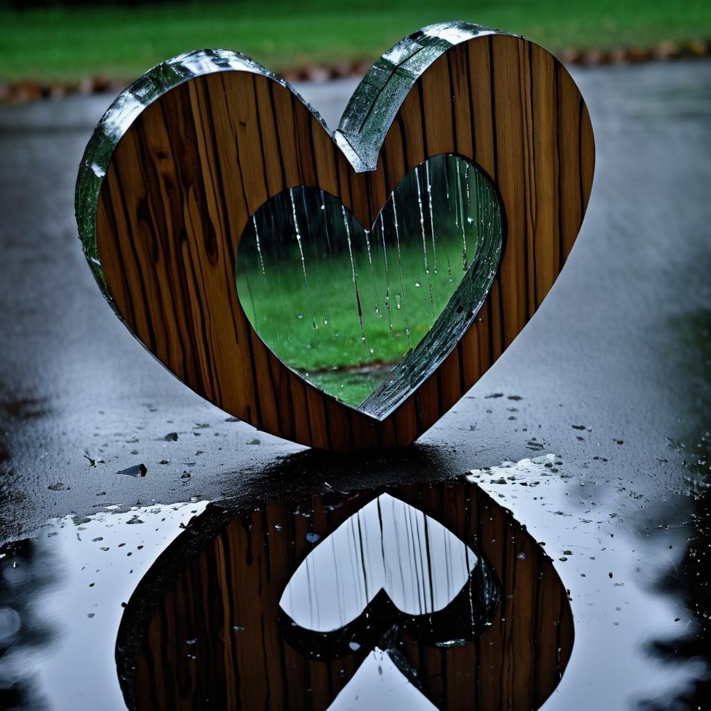 Surreal Wooden Heart in Rainy Reflection