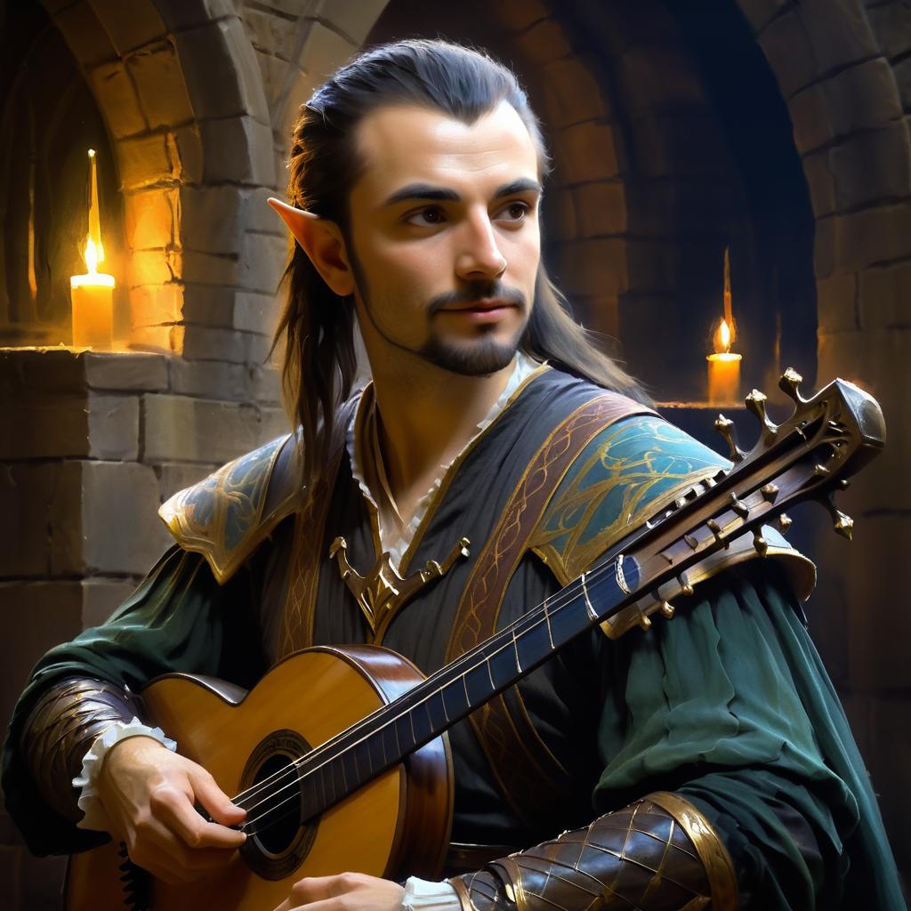 Wistful High Elf Bard in Dark Fantasy