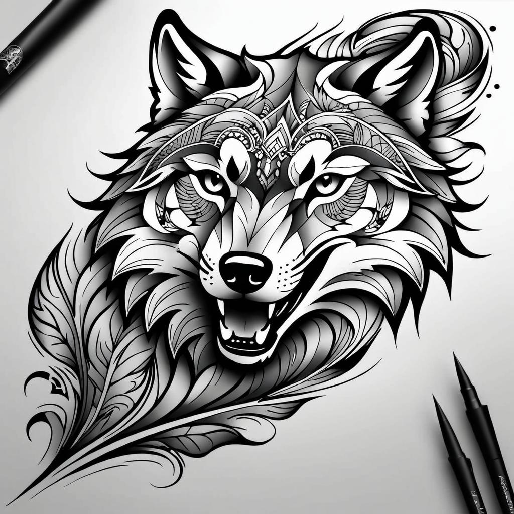 Intricate Black and Gray Wolf Tattoo Design