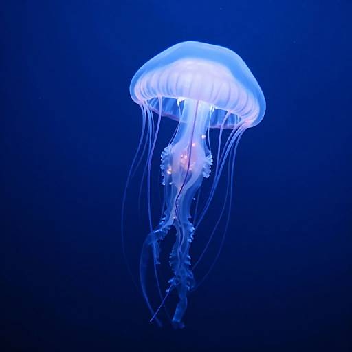 Photograph of a glowing blue jellyfish with translucent bell and long, flowing tentacles against a deep blue ocean background.
