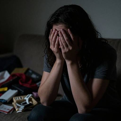 Photograph of a person with wet, dark hair covering their face with both hands, sitting on a dark couch amid scattered clothes and objects in a dim