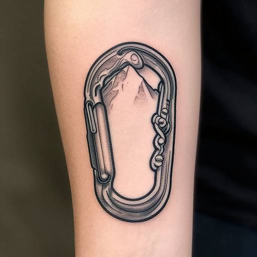 Black and gray tattoo of a mountain within a chain-link frame on a person's inner forearm, showcasing detailed linework.