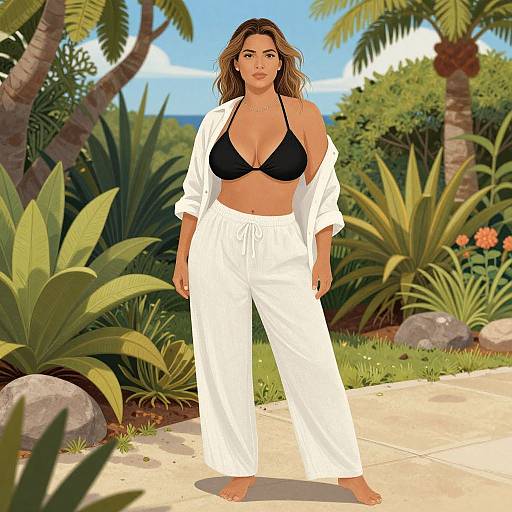 Digital illustration of a tan-skinned woman with wavy brown hair, wearing a black bikini top, white pants, and open white shirt, standing in