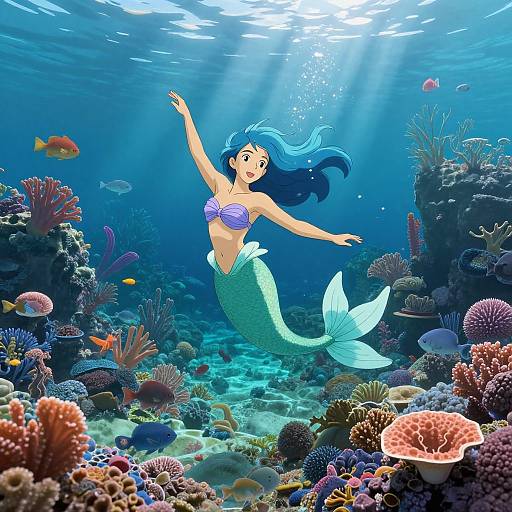 Digital illustration of a blue-haired mermaid with a purple top and green tail, swimming gracefully in a vibrant underwater coral reef, surrounded by colorful fish and