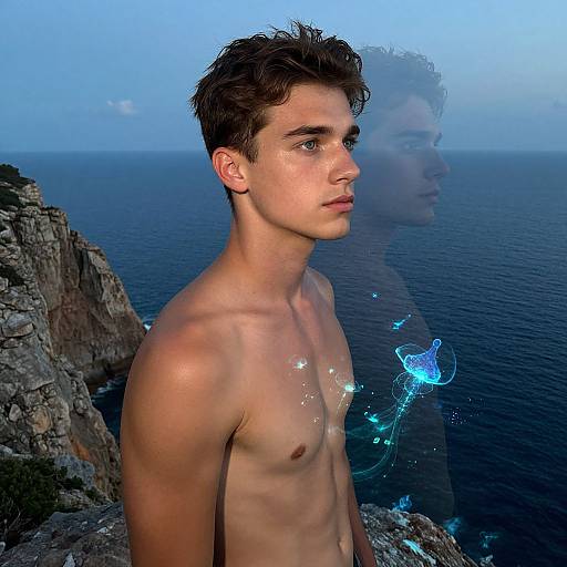 Photograph of a shirtless, young, Caucasian man with short brown hair, standing on rocky cliffs overlooking a blue ocean, with a glowing blue butterfly