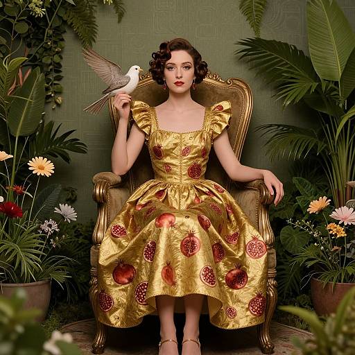 Vintage photograph of a fair-skinned woman with curly brown hair, wearing a golden dress with red fruit patterns, seated on an ornate chair, holding