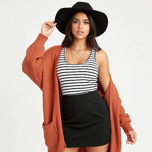 Photograph of a young woman with olive skin, wearing a black hat, striped tank top, black skirt, orange knit cardigan, and layered neck