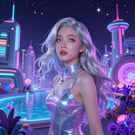 Digital art of a beautiful, silver-haired woman in a shiny, metallic dress, standing in a neon-lit, futuristic cityscape by a glowing blue