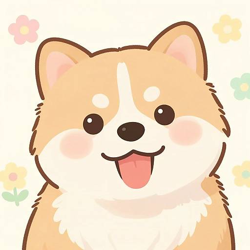 Cute digital drawing of a happy Shiba Inu with a pink tongue out, large black eyes, and blush on cheeks, against a white background