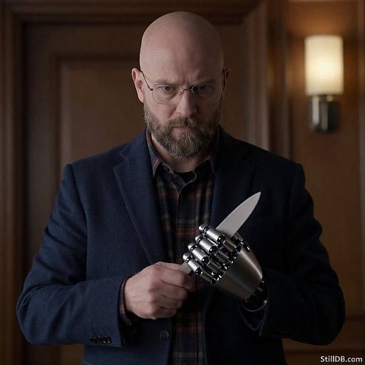 Focused Man with Robotic Hand and Knife