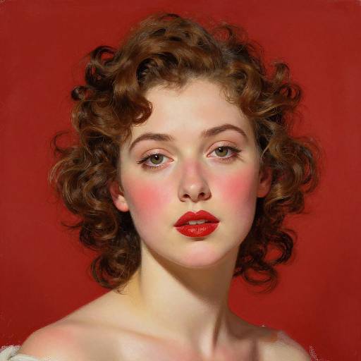 Digital portrait of a fair-skinned woman with curly brown hair, red lipstick, and blue eyes against a vibrant red background.