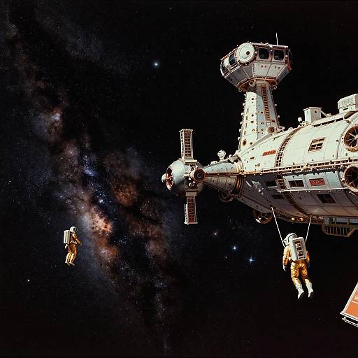 Astronauts Near Retro Space Station in Deep Space