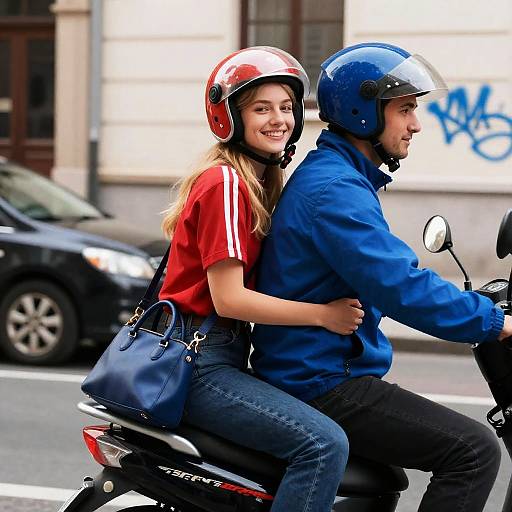 Young Couple Riding Scooter in City