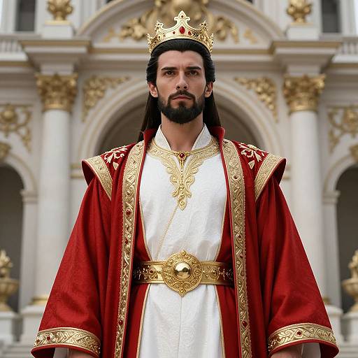 Photorealistic image of a bearded man with long black hair, wearing a gold crown, red and white ornate royal robe, and gold belt