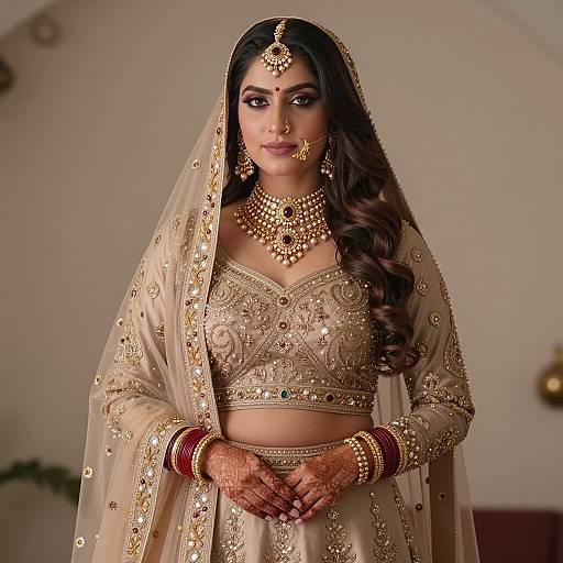 Indian Bride in Beige and Gold Lehenga