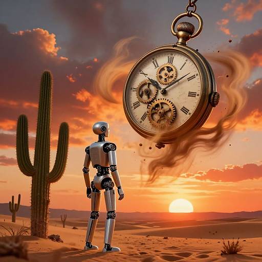 Photorealistic digital art: metallic humanoid robot in desert at sunset, facing large, floating, glowing pocket watch with gears, surrounded by cacti