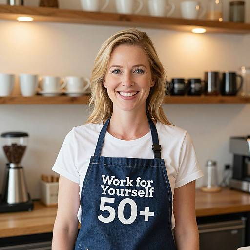 Photograph of smiling blonde woman in white shirt and black apron with 