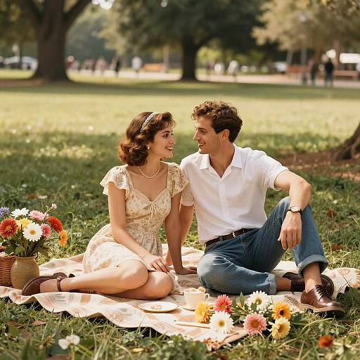 Photograph of a smiling couple on a picnic blanket in a sunny park, with flowers, wearing vintage-style outfits, and sitting closely.