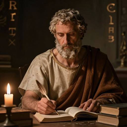 Photograph of a gray-bearded, curly-haired elderly man in ancient attire writing by candlelight in a dark, book-filled study.