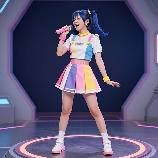 Digital anime-style illustration of a blue-haired girl singing into a pink microphone, wearing a colorful striped crop top and skirt, white socks, and pink platform