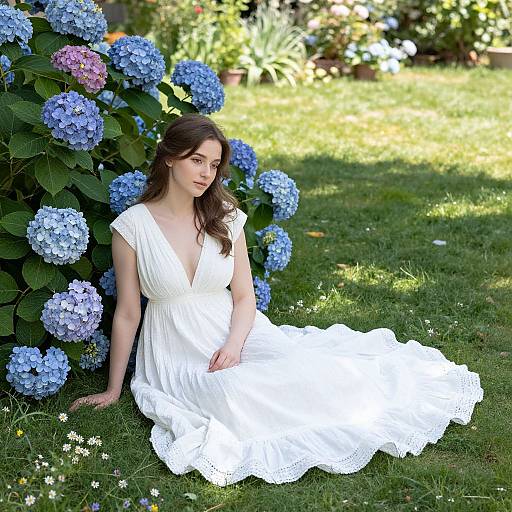 Photograph of a fair-skinned brunette woman in a white, deep V-neck, pleated dress sitting among vibrant blue hydrangeas in a sunny