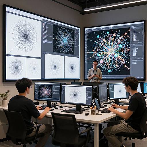 Photograph of a modern, well-lit office with two male technicians in black shirts, seated at desks, and a standing male presenter explaining complex data