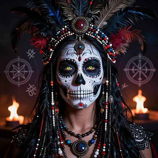 Photograph of a person with a white skull mask, glowing green eyes, and elaborate feathered headdress adorned with beads and jewelry, against a dark