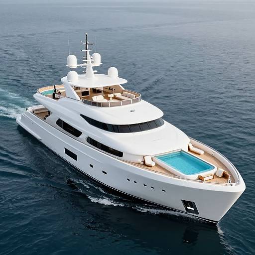 Photograph of a sleek, white luxury yacht with a blue-tinted pool on the deck, sailing on calm, dark blue ocean waters.