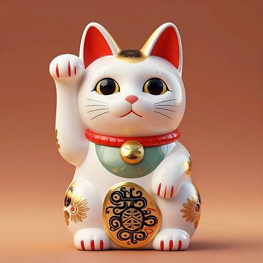 Photograph of a white ceramic Maneki-Neko cat with red ears, black eyes, raised paw, red collar, and ornate gold and black