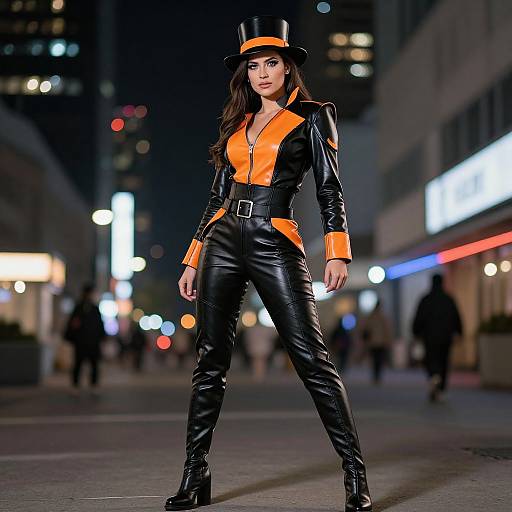 Photograph of a confident woman in a black and orange latex catsuit with a top hat, standing on a brightly lit, urban night street.
