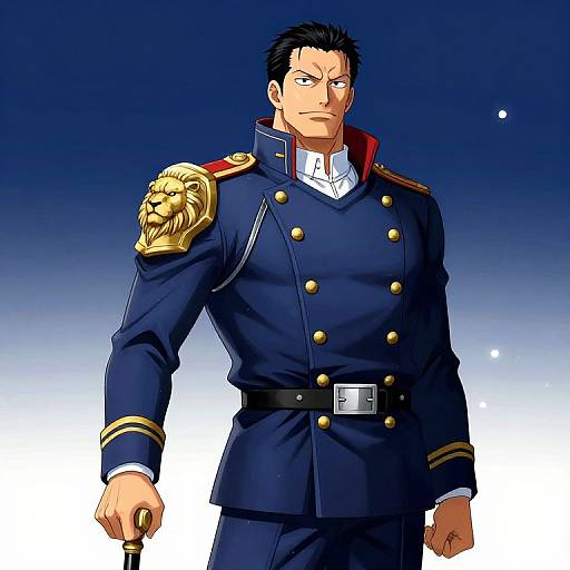 Anime-style illustration of a stern, muscular man in a navy military uniform with golden lion shoulder patch, holding a cane. Dark blue gradient background.