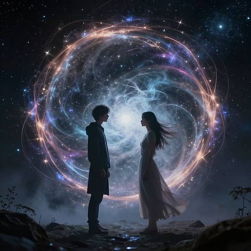 Digital artwork of a silhouetted boy and girl facing each other, with a glowing, colorful galaxy swirling behind them in a starry night sky