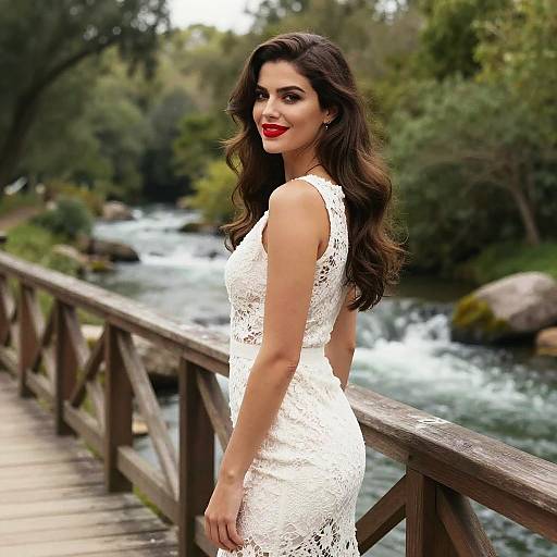 Photograph of a woman with long, wavy brown hair, wearing a white lace sleeveless dress, standing on a wooden bridge over a flowing river
