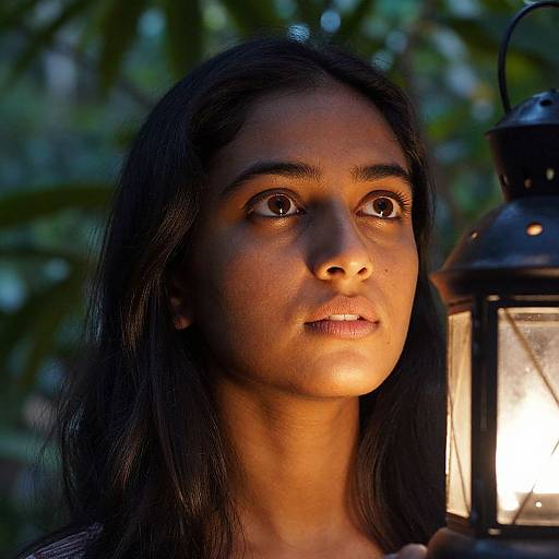 Photograph of a young woman with dark hair and brown eyes, illuminated by a lantern, looking intently into the distance, set against a blurred green