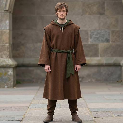 Medieval Man in Brown Robe with Green Belt