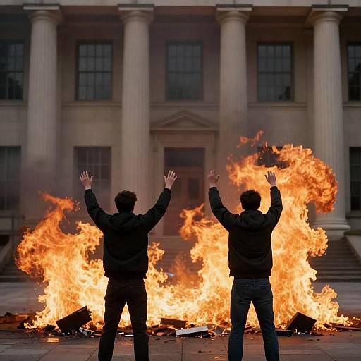 Two Figures Amid Flames by Columns