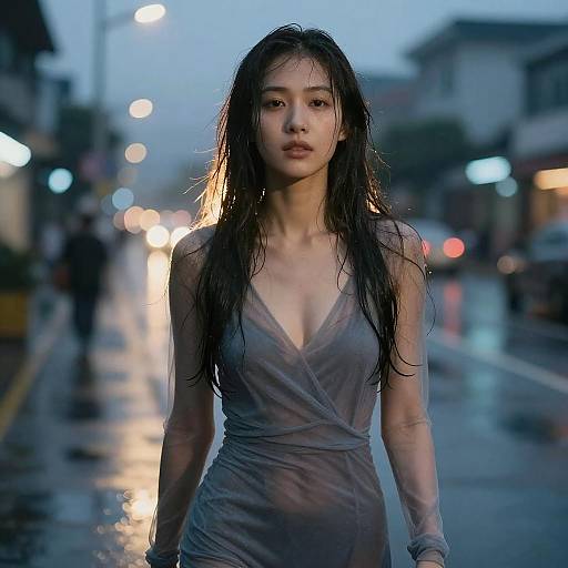 Photograph of a wet, Asian woman with long, dark hair in a sheer, grey, V-neck dress standing on a rainy, urban street at